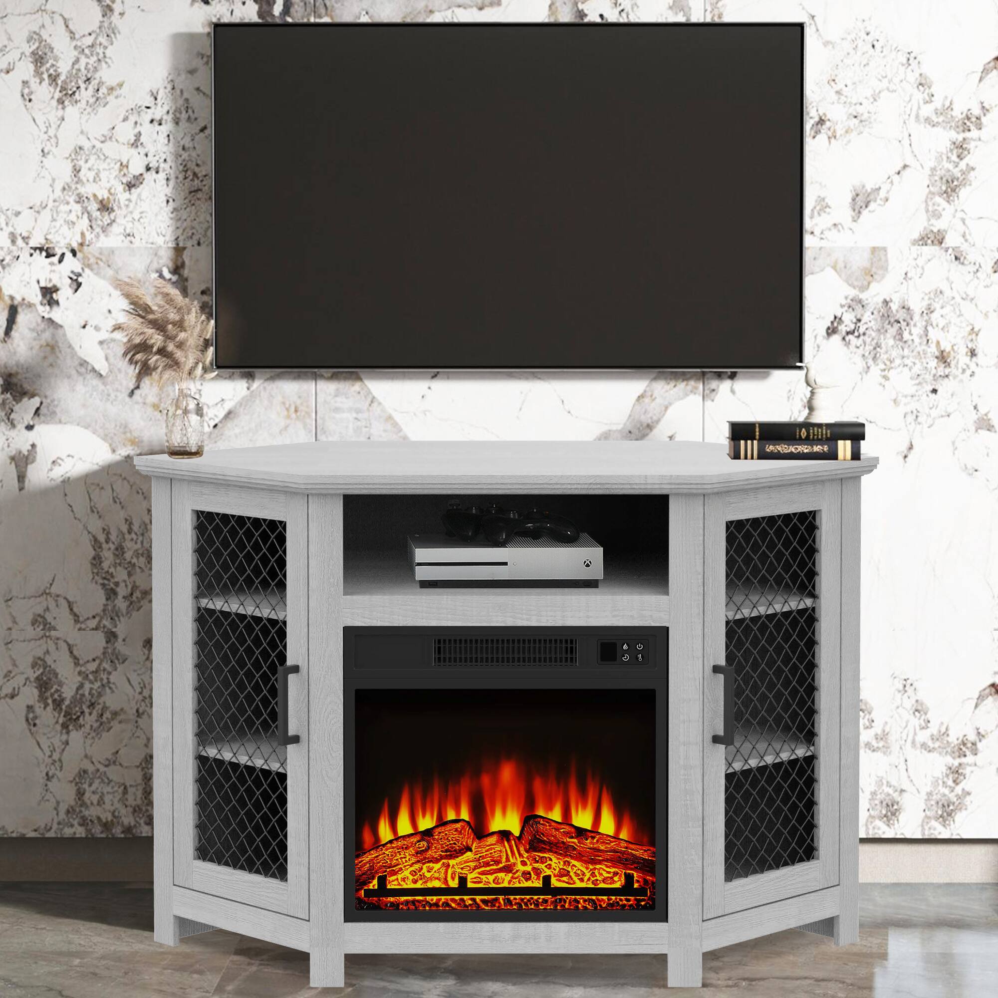 Front. Ihomeadore - 45" Farmhouse Corner Electric Fireplace TV Stand Media Console For TVs Up To 50" With Fireplace - Gray.