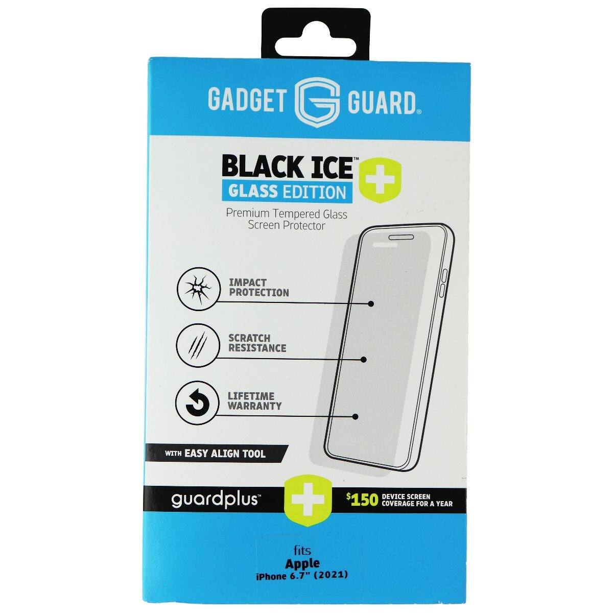 GADGET GUARD. BLACK ICE GLASS EDITION + Premium Tempered Glass Screen Protector IMPACT PROTECTION SCRATCH RESISTANCE LIFETIME WARRANTY WITH EASY ALIGN TOOL guardplus + $150 DEVICE SCREEN COVERAGE FOR A YEAR fits Apple iPhone 6.7" (2021)