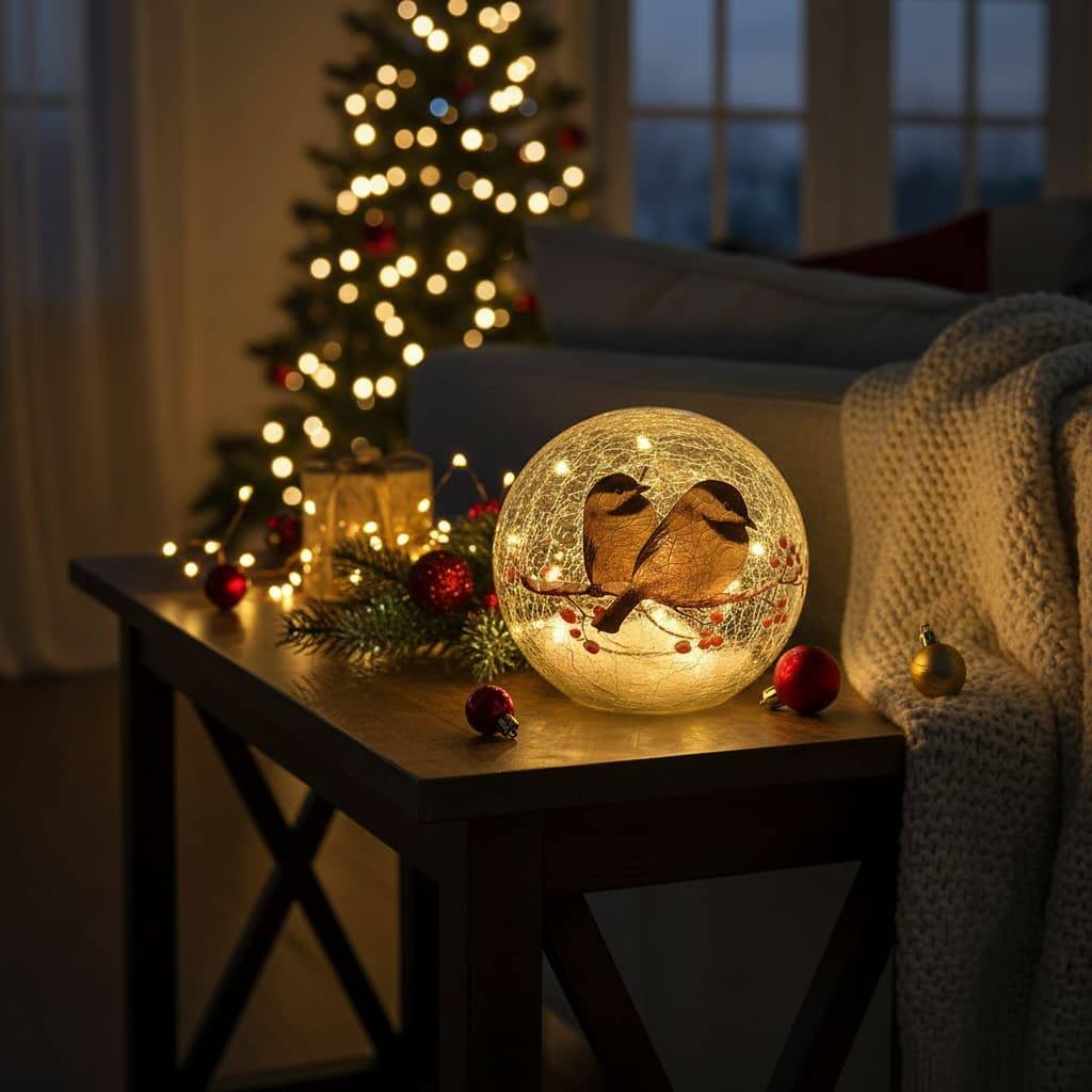 Alt View 2. FINEAK - Glass Ball Night Lamp with Birds Pattern: Crackle Warm White Light - Modern Decor for Bedroom/Living Room/Nursery & More - Yellow.