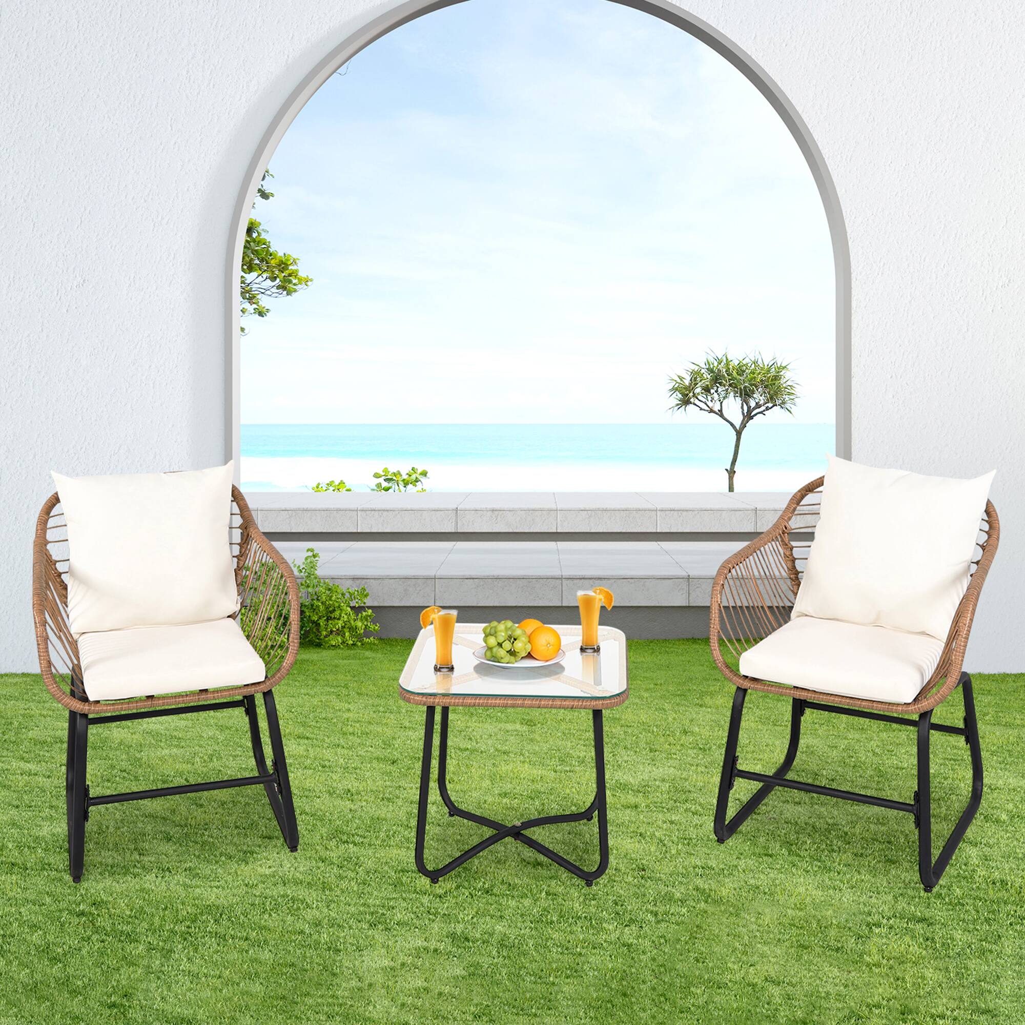 Alt View 7. Gymax - Gymax 3PCS Outdoor Bistro Set Rattan Patio Conversation Set w/ Off White Cushions - Off White.