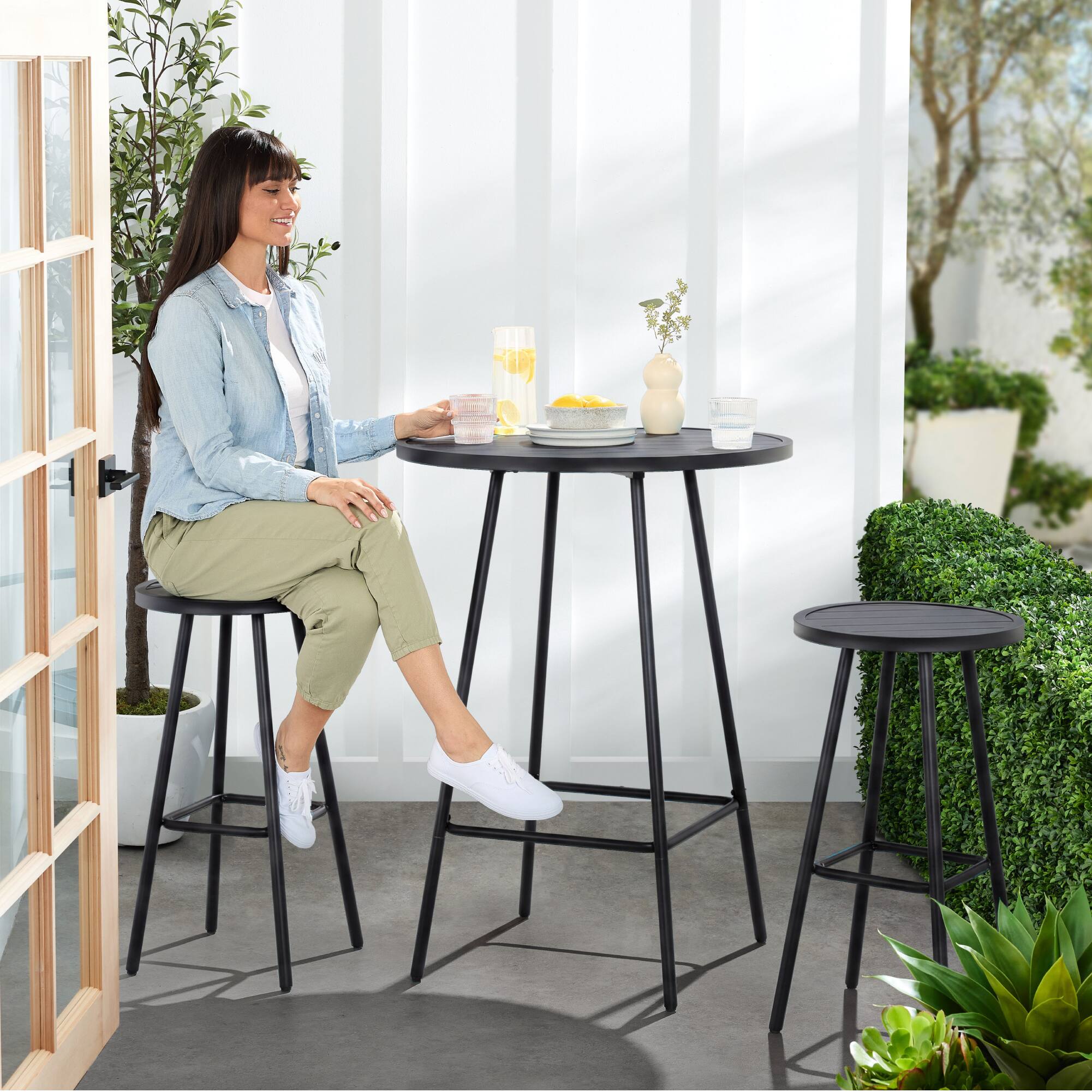 Alt View 8. Best Choice Products - Best Choice Products 3-Piece Steel Patio Bar Height Round Bistro Set w/ Backless Stools, Slatted Design - Black - Black.