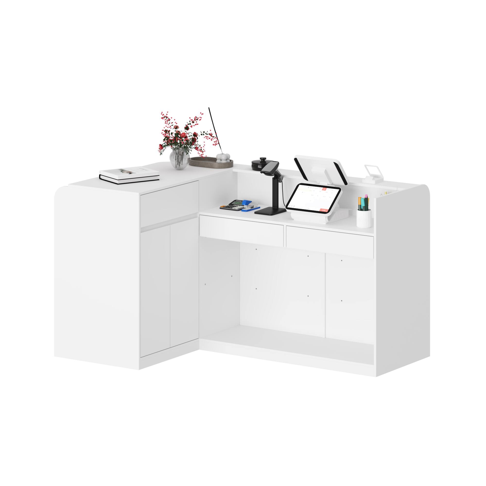 Left. Famapy - Famapy Multifunctional Reception Desk with Shelving: Stylish, Spacious & Organized - White.