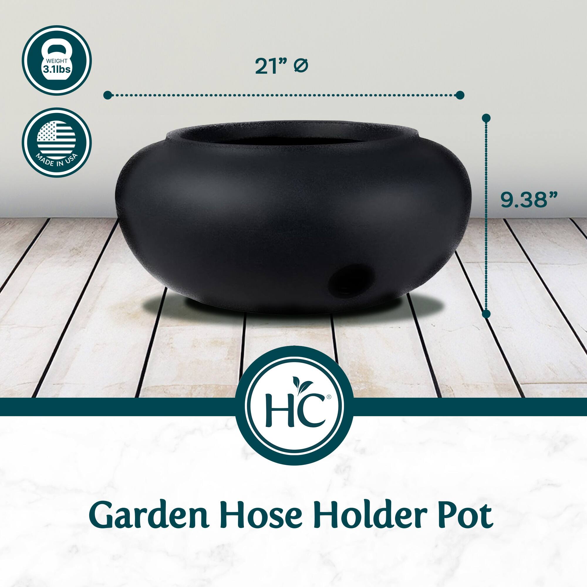 WEIGHT 3.1lbs  
21"  
MADE IN USA  
9.38"  
HC Garden Hose Holder Pot