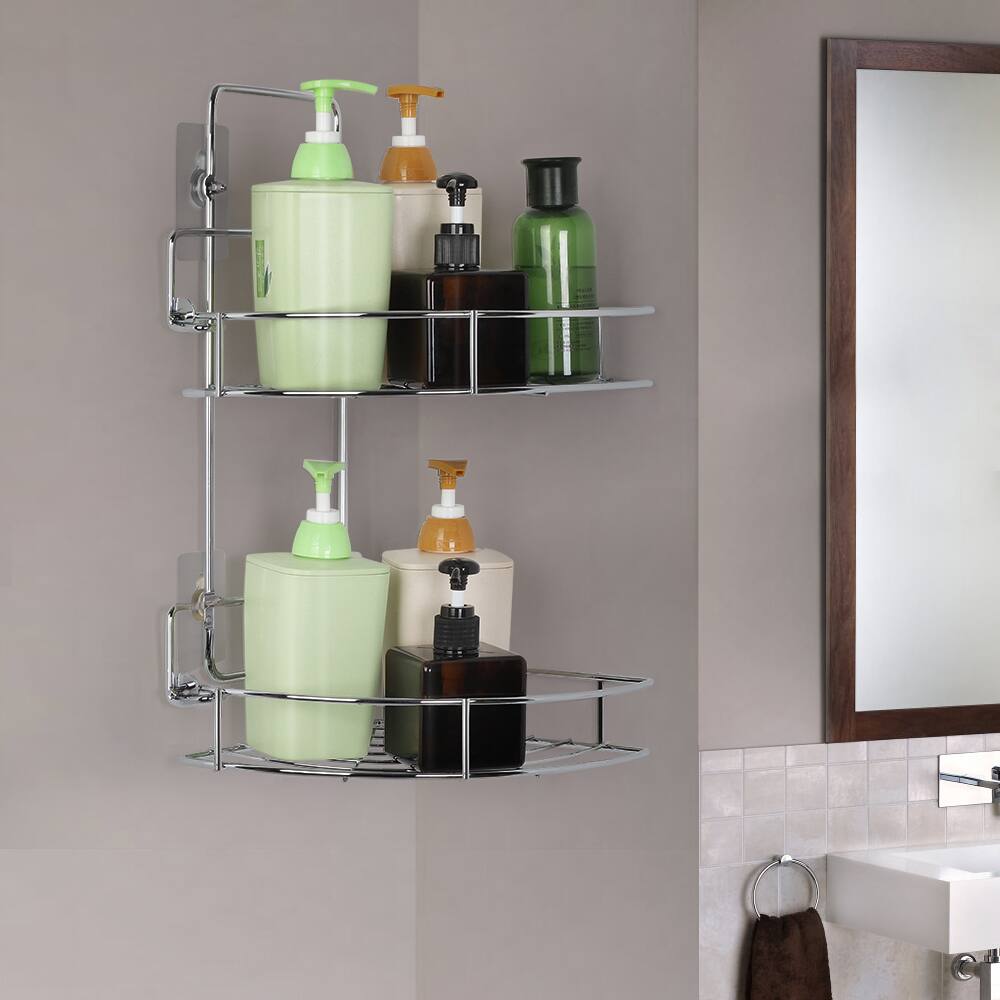 Alt View 2. Oumilen - 2-Tier Corner Shower Caddy – Wall Mounted Metal Bathroom Organizer, No Drill Adhesive Shelf - Silver.