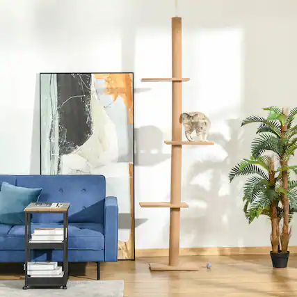 Front. Siljoy - 8.5 ft Brown Floor-to-Ceiling Cat Climbing Tower with 4 Carpeted Platforms & Ceiling Tension Rod.