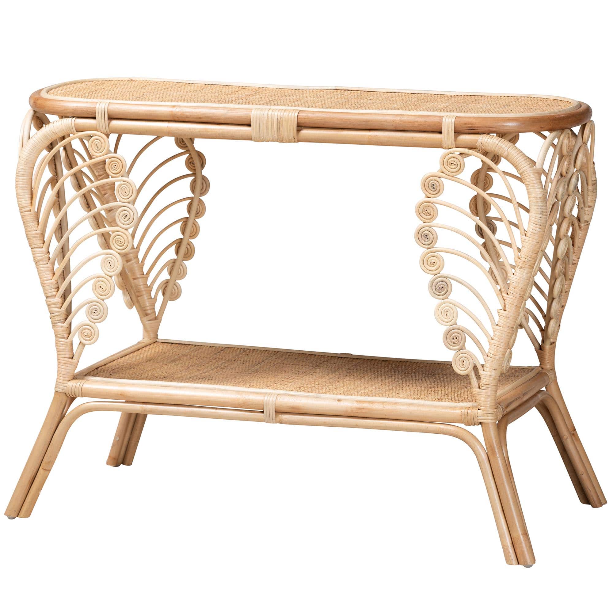 Front. bali & pari - Bastet Modern Bohemian Rattan 2-Tier Console Table - Natural Brown.