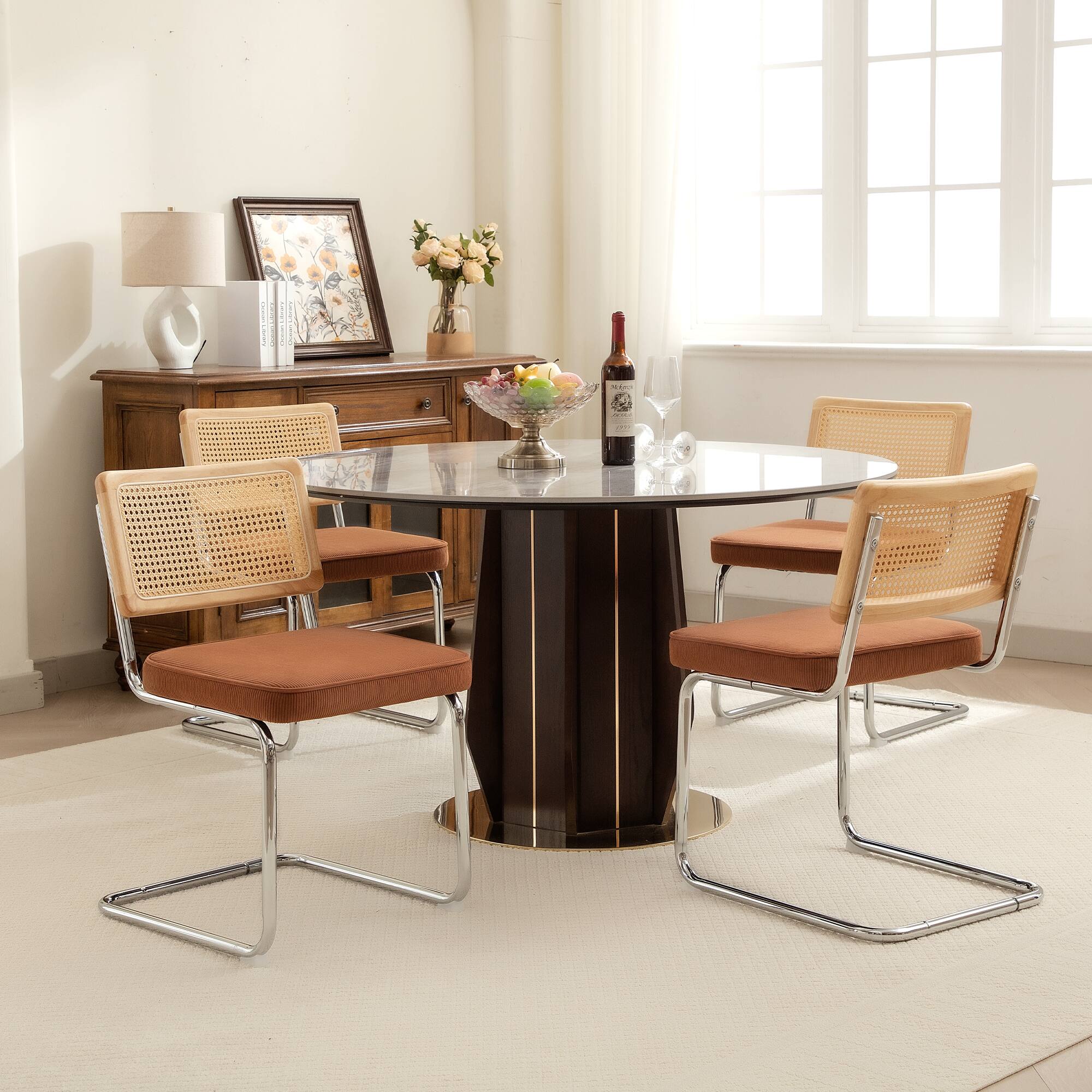 Alt View 5. KERDOM - Rattan Dining Chairs 2 Pcs Set, Corduroy Kitchen Side Chair, Minimalist Cantilever Seat, Farmhouse Wicker Accent Chair - Brown.