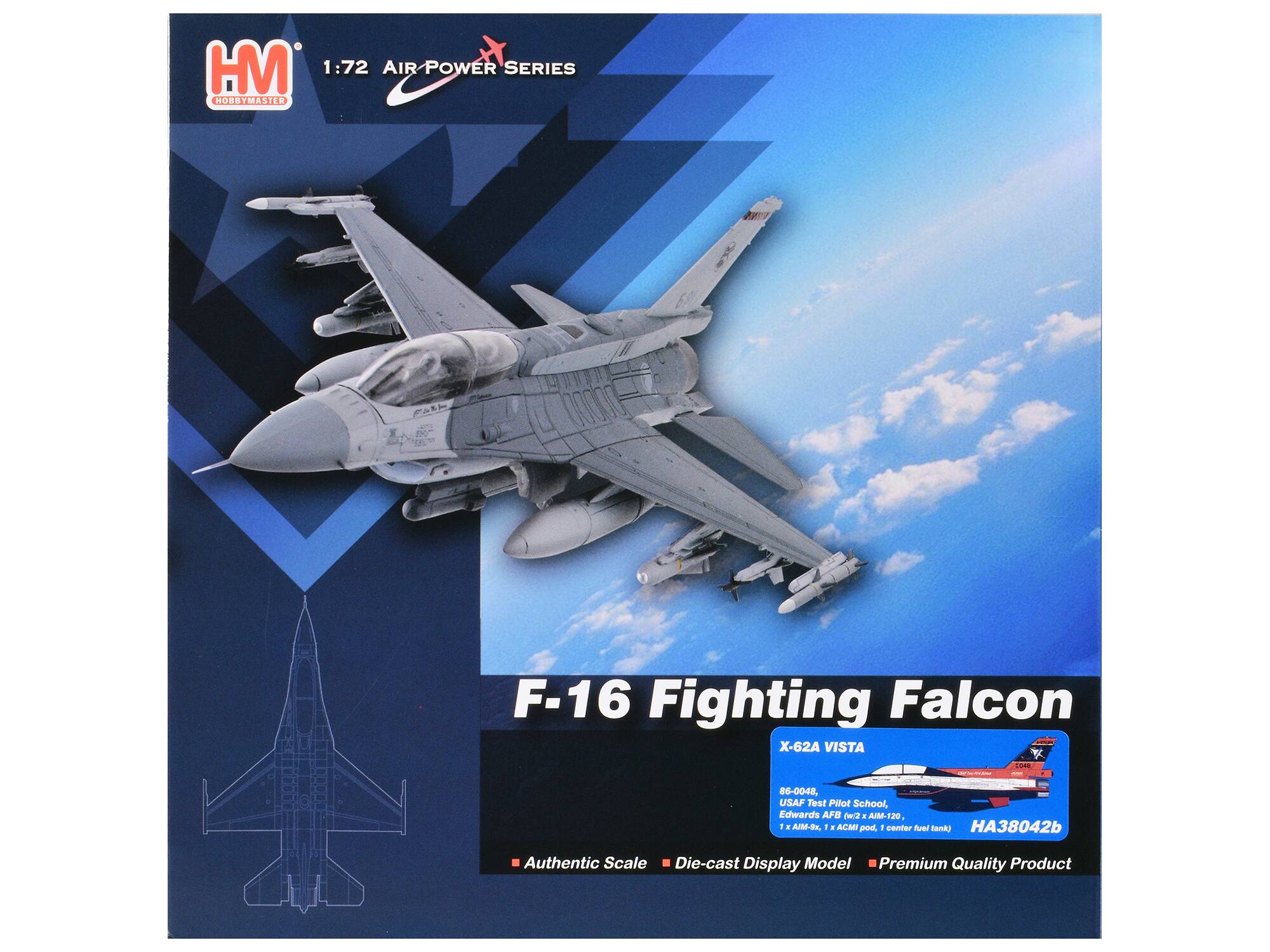HM 1:72 AIR POWER SERIES HOBBYMASTER  
F-16 Fighting Falcon X-62A VISTA  
CONE  
86-0048, USAF Test Pilot School, Edwards AFB (M/2 AIM-120, AJM-BY, AOMI BOOK center tank) HA38042b  
Authentic Scale Die-cast Display Model Premium Quality Product