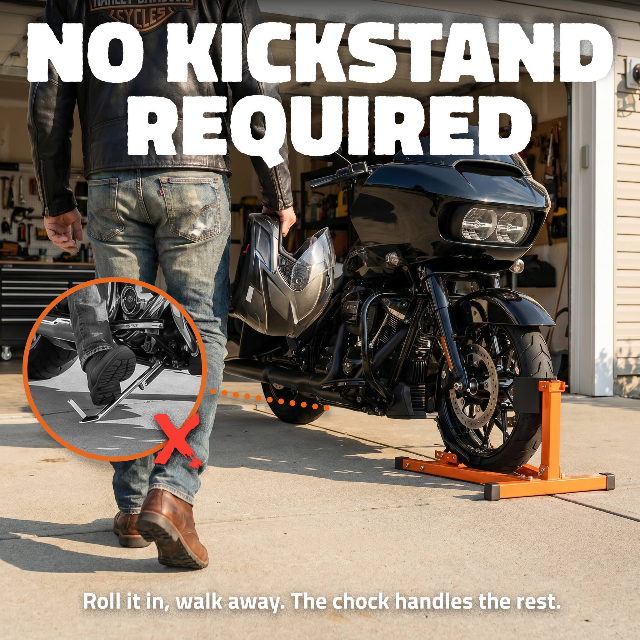 NO KICKSTAND REQUIRED

Roll it in, walk away. The chock handles the rest.