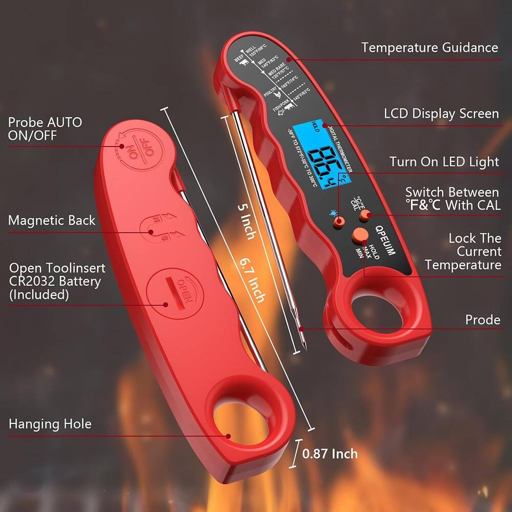 Probe AUTO ON/OFF  
Magnetic Back  
Open Tool insert CR2032 Battery (Included)  
LCD Display Screen  
Temperature Guidance  
Turn On LED Light  
Switch Between F& C With CAL  
Lock The Current Temperature  
Hanging Hole  
Probe  
0.87 Inch  
5 Inch  
6.7 Inch