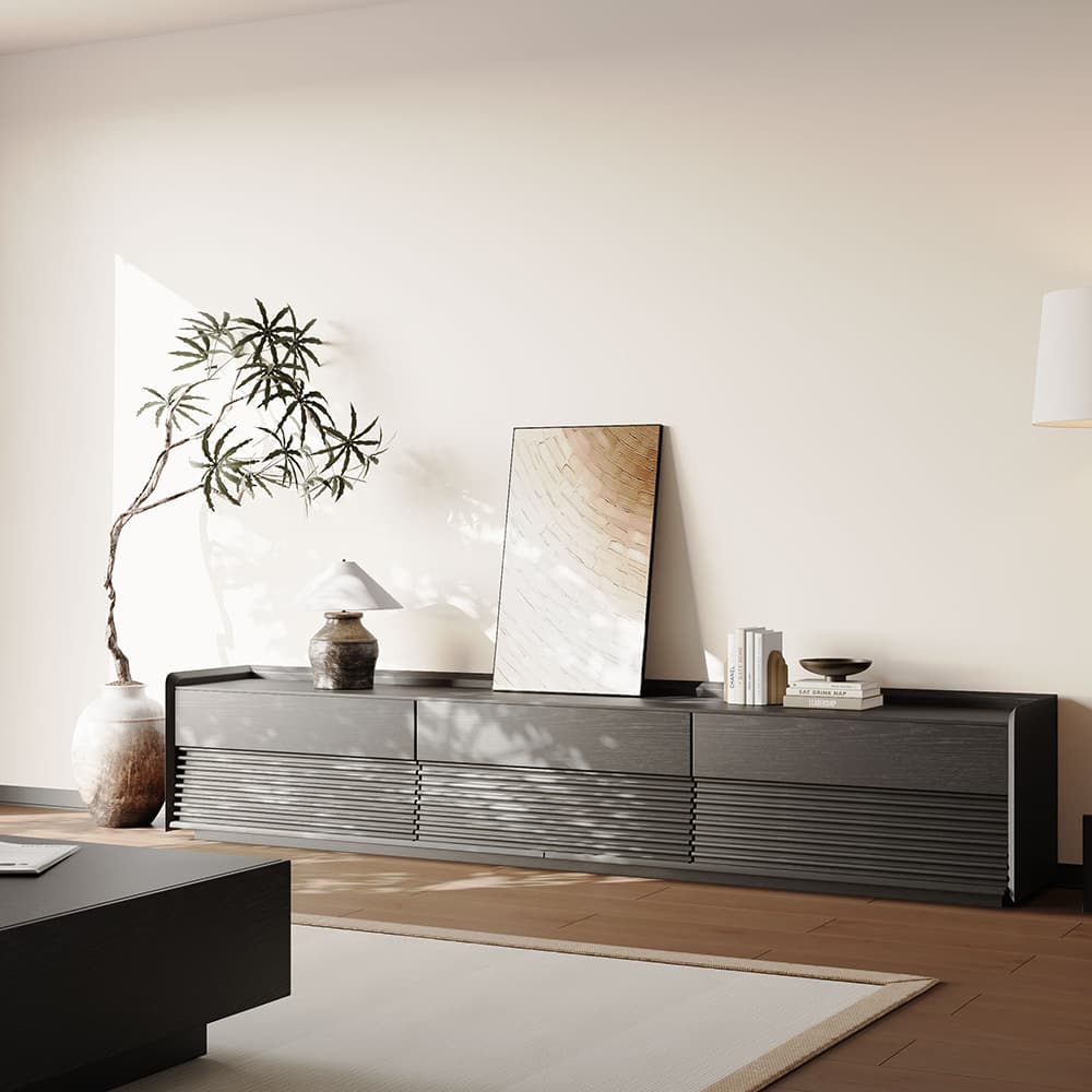 POVISON - 95"Fully-Assembled Mid-Century TV Stand, Modern Cabinet with Adjustable Light, Perfect for 85-inch TVs - Black