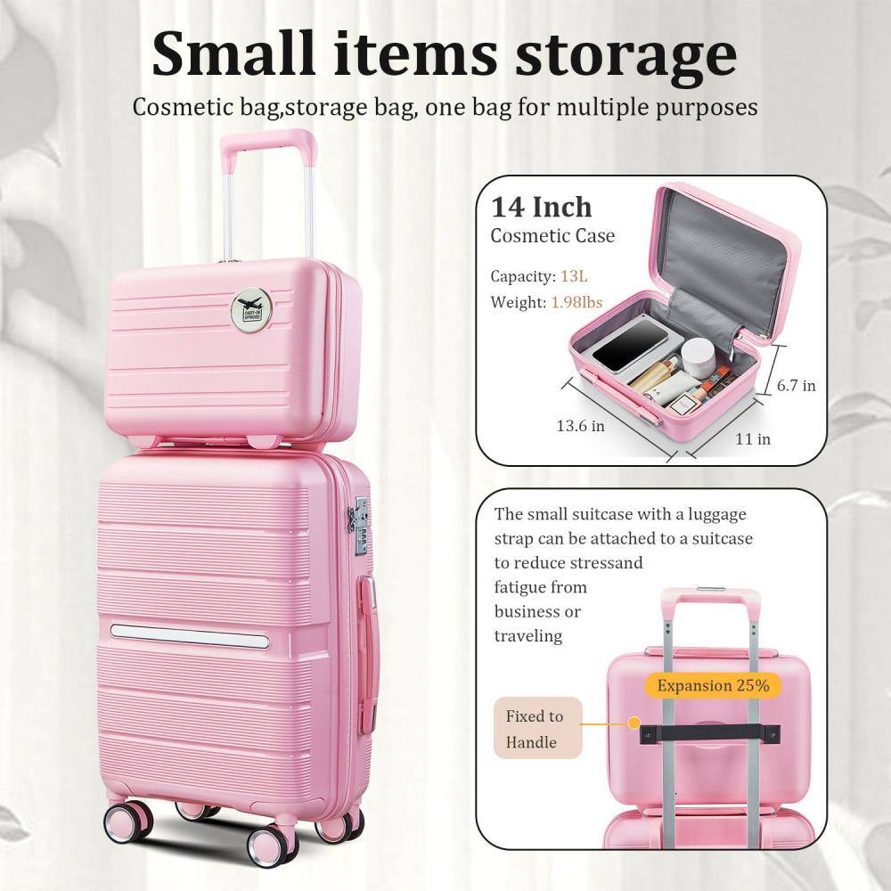 Small items storage  
Cosmetic bag, storage bag, one bag for multiple purposes  

14 Inch Cosmetic Case  
Capacity: 13L  
Weight: 1.98lbs  
Dimensions: 13.6 in x 11 in x 6.7 in  

The small suitcase with a luggage strap can be attached to a suitcase to reduce stress and fatigue from business or traveling.  

Expansion 25%  
Fixed to Handle