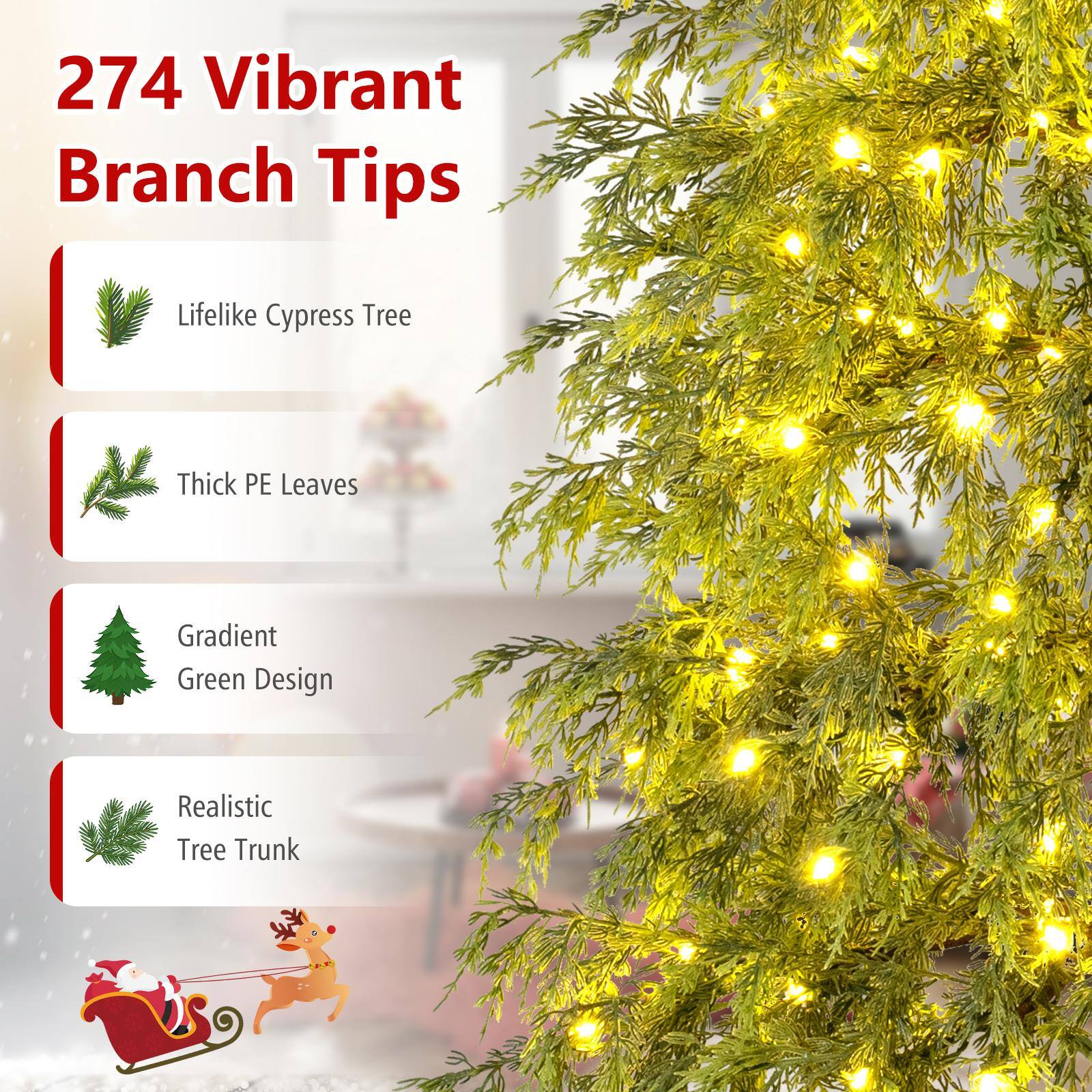 274 Vibrant Branch Tips  
Lifelike Cypress Tree  
Thick PE Leaves  
Gradient Green Design  
Realistic Tree Trunk