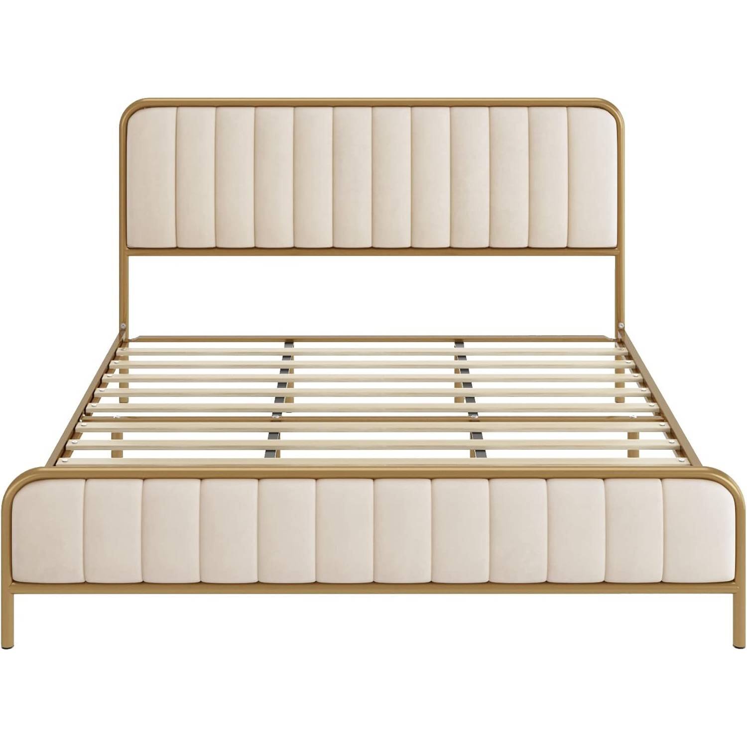 Left. Hivvago - Hivvago King size Metal Platform Bed Frame with Upholstered Headboard - Beige Cream.
