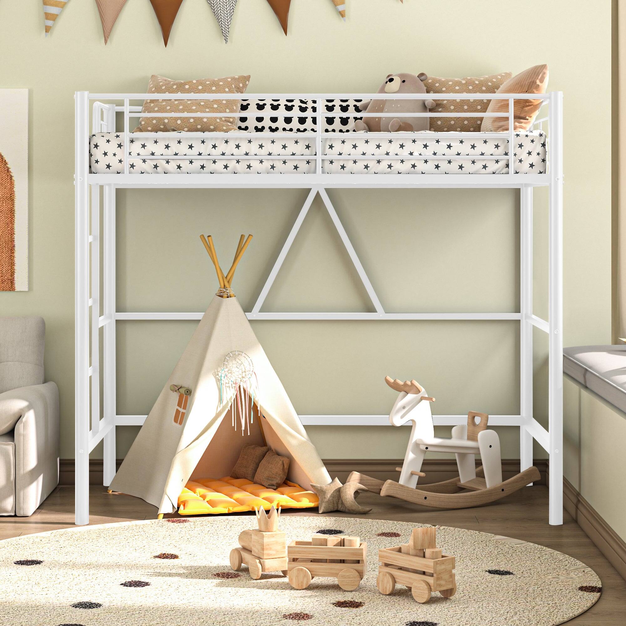 Angle. Vecelo - Twin Loft Bed with Desk Space - Heavy Duty Metal Frame, Study Loft Bed, Space Saving Loft Bed, Noise Free Loft Bed - White.