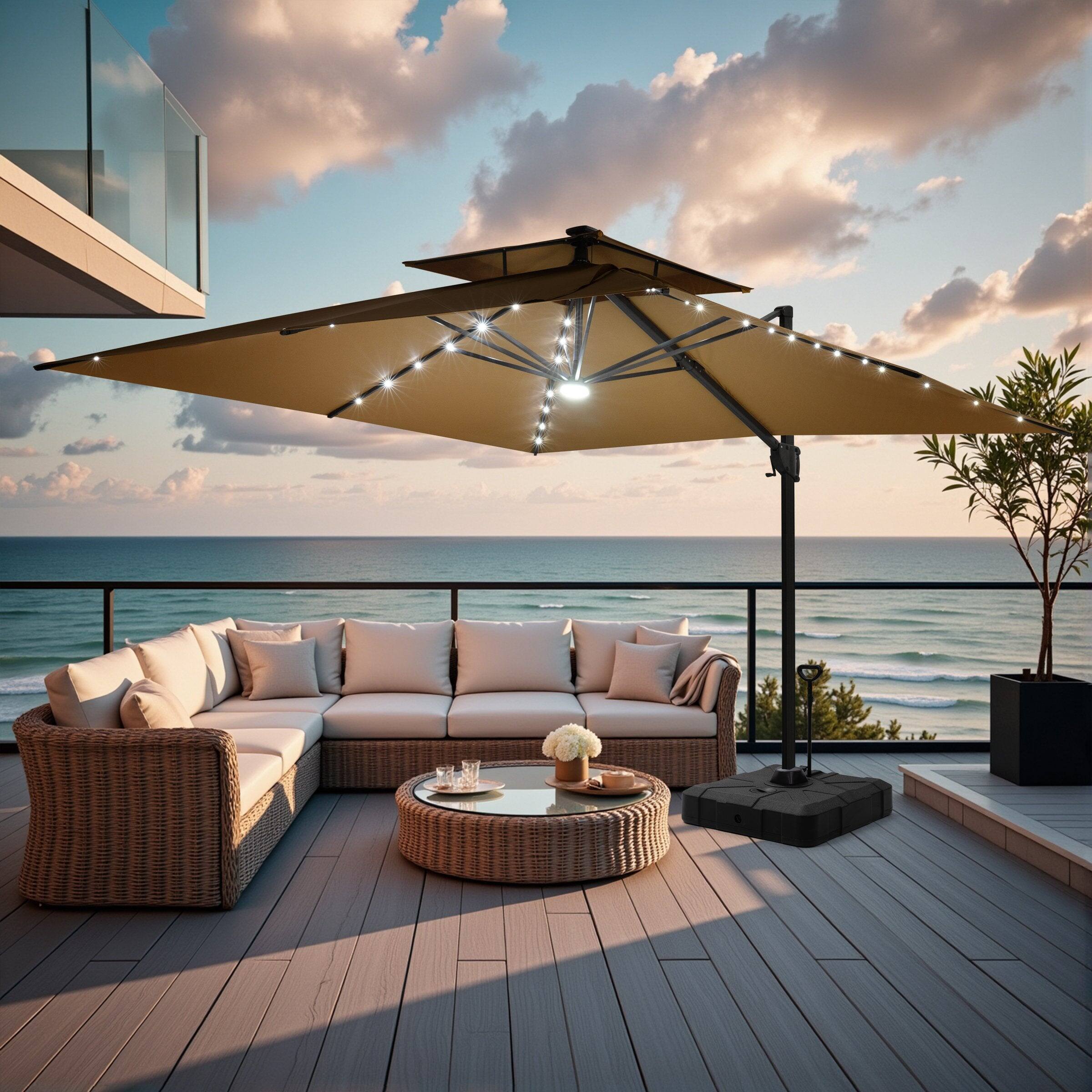 Angle. Crestlive Products - Crestlive Products 10x13ft Aluminum Double Top Crank Cantilever Patio Umbrella with Lights with Base - Brown.