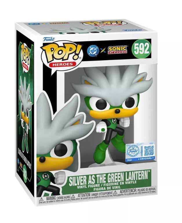 Sure, here is the corrected and grouped text from the image:

---

**Top Left:**
- POP! HEROES

**Top Center:**
- DC
- SONIC THE HEDGEHOG
- 592

**Top Right:**
- Funko
- ORIGINAL

**Center:**
- SILVER AS THE GREEN LANTERN™
- VINYL FIGURE / FIGURINE EN VINYLE / FIGURA DE VINIL

**Bottom Left:**
- WARNING: CHOKING HAZARD - Small parts. Not suitable for children under 3 years.
- ATTENTION: PELIGRO DE ASFIXIA - Piezas pequeñas. No es adecuado para niños menores de 3 años.
- DANGER D'ÉTOUFFEMENT - Petite pièces. Ne convient pas aux enfants de moins de 36 mois.

**Bottom Right:**
- Funko
- *ORIGINAL*

**Bottom Center:**
- Funko
- (QR Code)

**Bottom Left Corner:**
- (Additional warning symbols and text)

---

This text is grouped and corrected for clarity.
