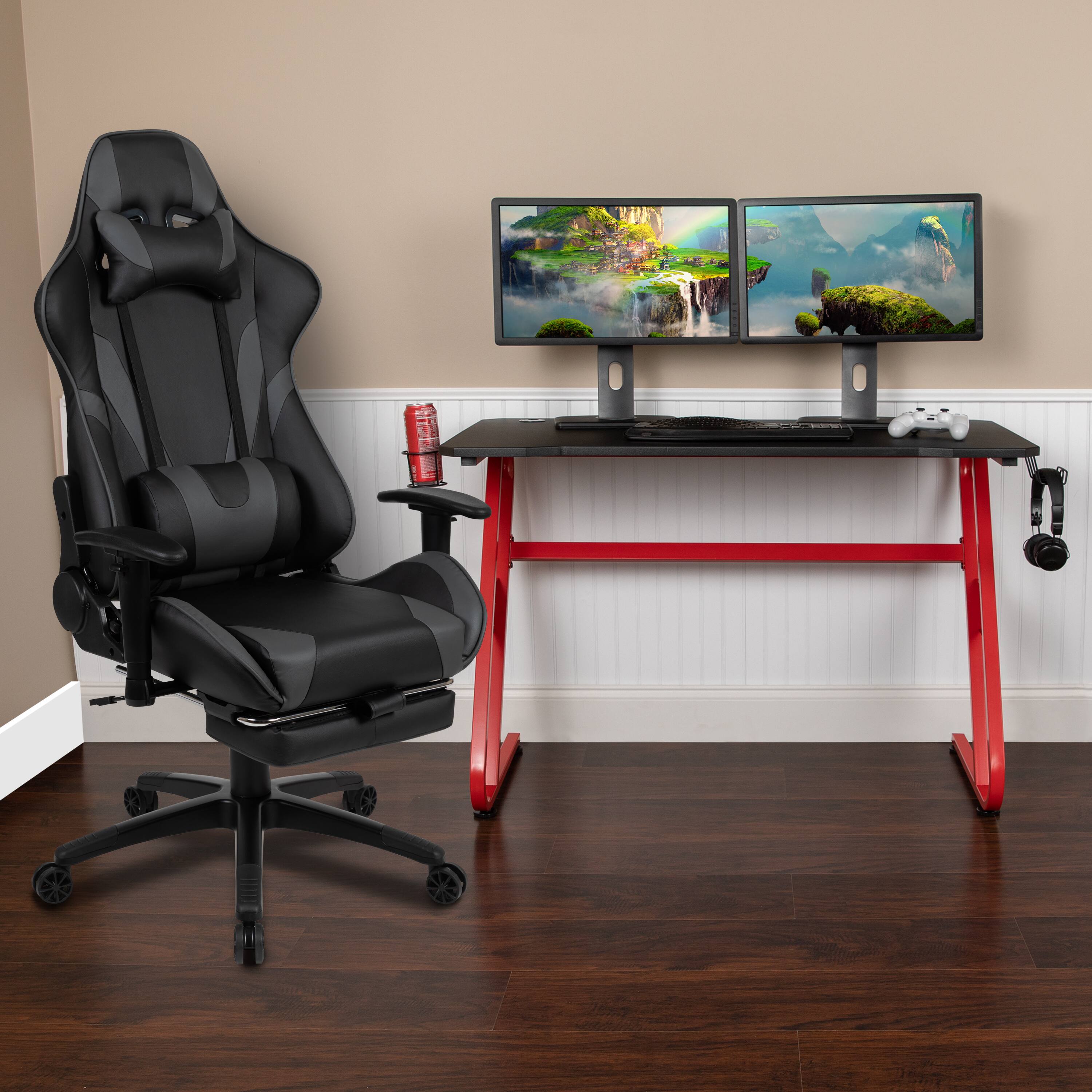 Alt View 1. Emma + Oliver - Desk Bundle-Gaming Desk, Cup Holder, Headphone Hook and Reclining Chair - Gray.