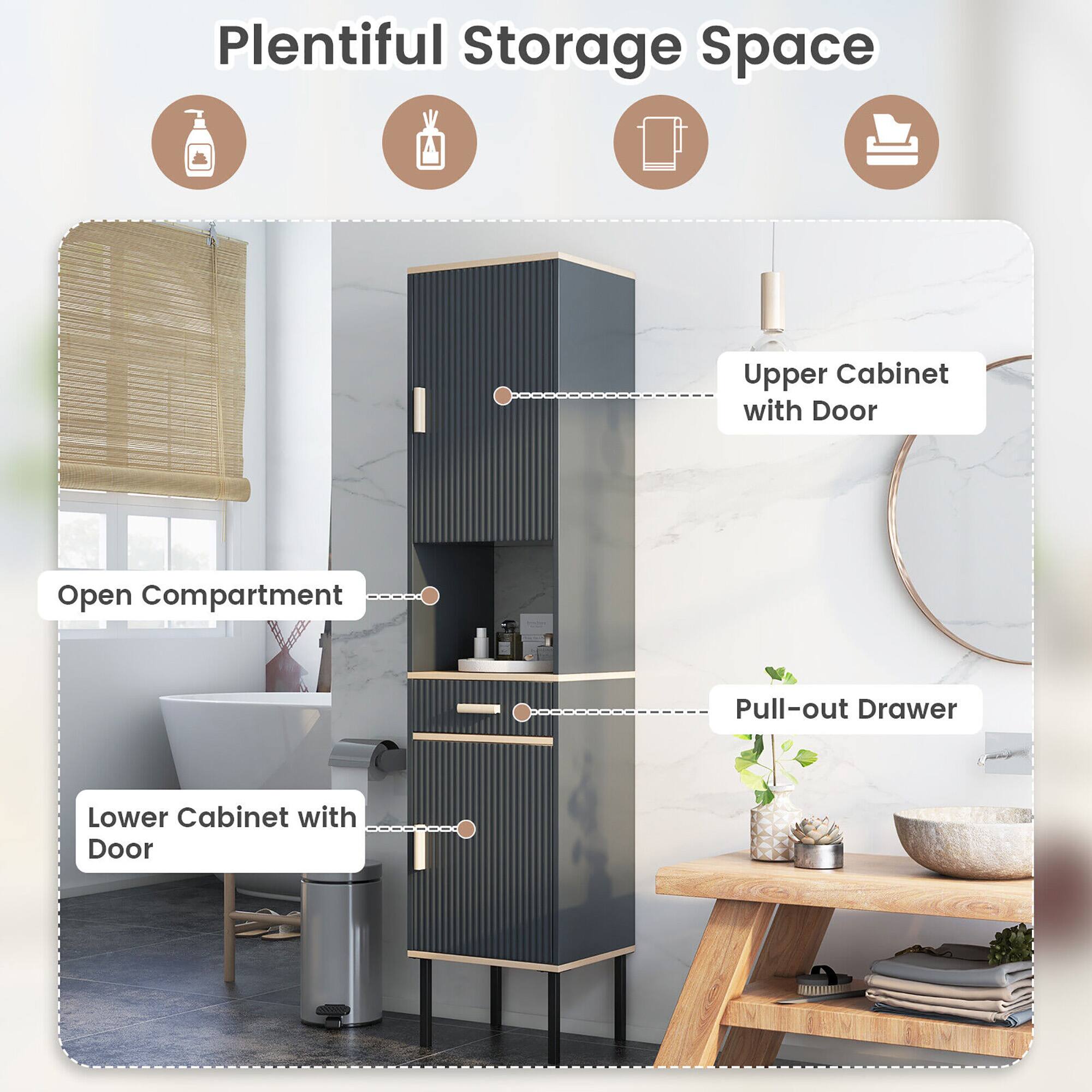 Plentiful Storage Space

- Upper Cabinet with Door
- Open Compartment
- Pull-out Drawer
- Lower Cabinet with Door