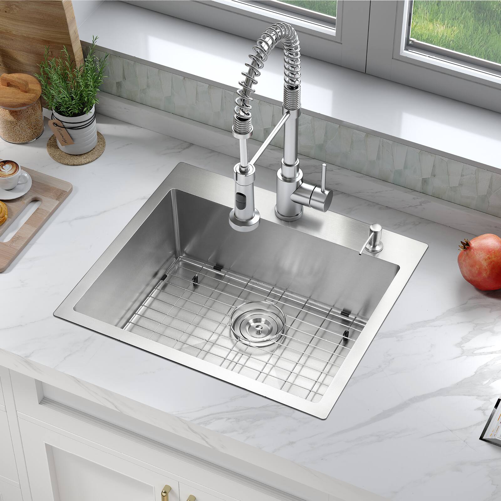 Angle. Akicon - Akicon 25 in. Drop-in Single Bowl 20-Gauge Silver Nano-Coated Kitchen Sink with Grid, Strainer, Colander and Rollup Rack - Silver.