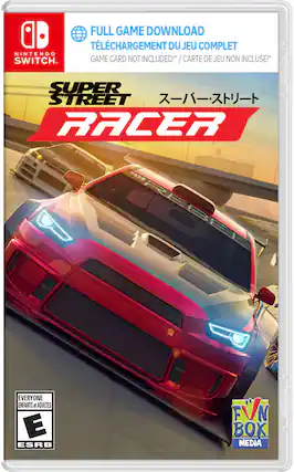 Here is the corrected and grouped text:
---
**FULL GAME DOWNLOAD**
TÉLÉCHARGEMENT DU JEU COMPLET
GAME CARD NOT INCLUDED! / CARTE DE JEU NON INCLUSE!
**SUPER STREET RACER**
REBEL EVERYONE
ENFANTS et ADULTES
ESRB EVN
BOX MEDIA
---
**Nintendo Switch**
**Super Street Racer**
**E** (Everyone 10+)
--- - E (Everyone)