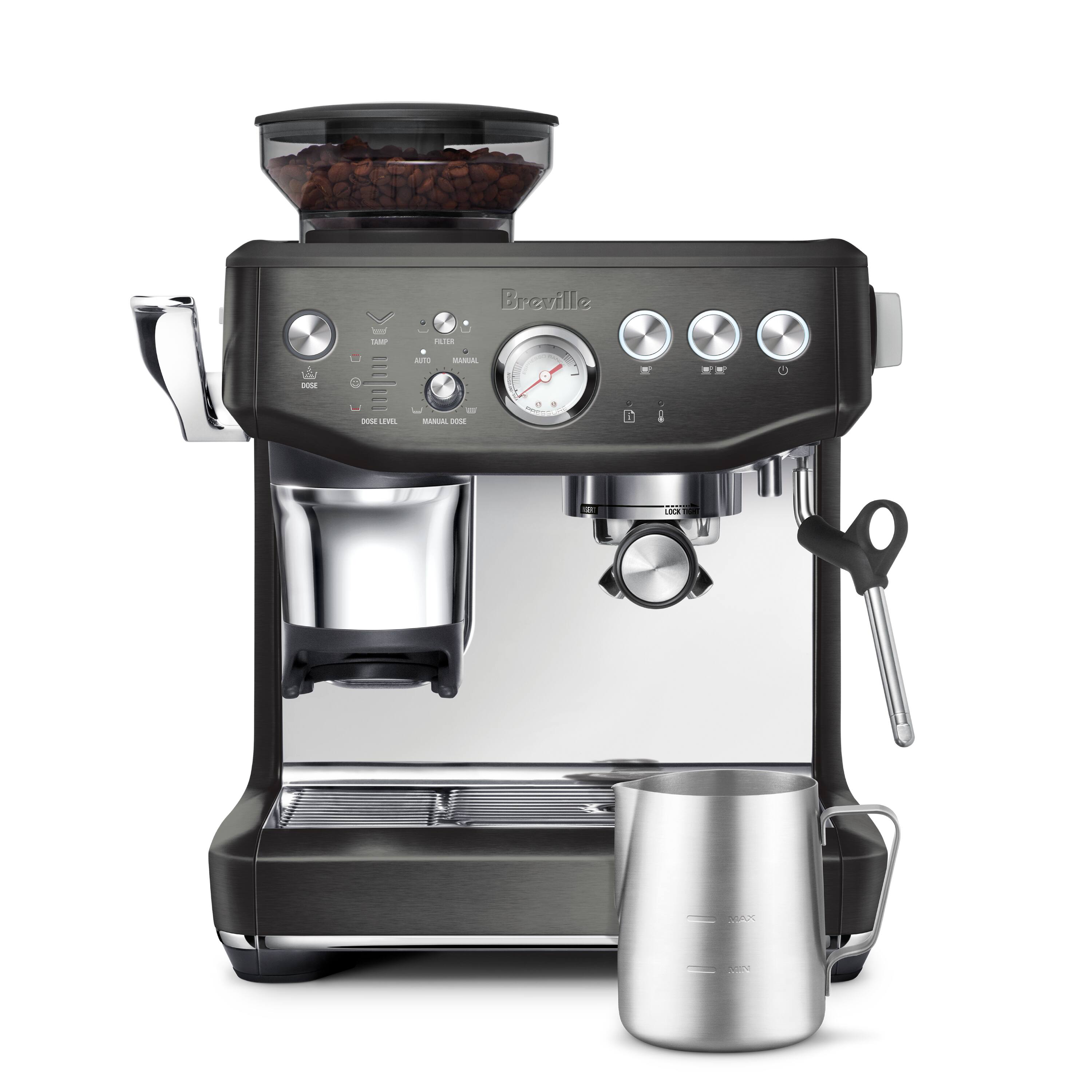 The image features a Breville coffee maker with a silver finish. The coffee maker is equipped with a timer and a grinder, making it a versatile appliance for preparing coffee. The timer is set to 10 minutes, indicating that the coffee will be ready soon. The coffee maker is placed on a counter, and a cup is nearby, ready for use.