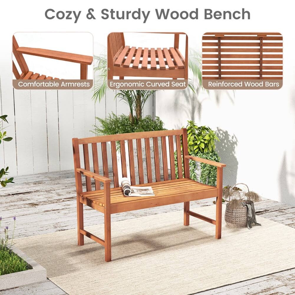 Cozy & Sturdy Wood Bench

- Comfortable Armrests
- Ergonomic Curved Seat
- Reinforced Wood Bars