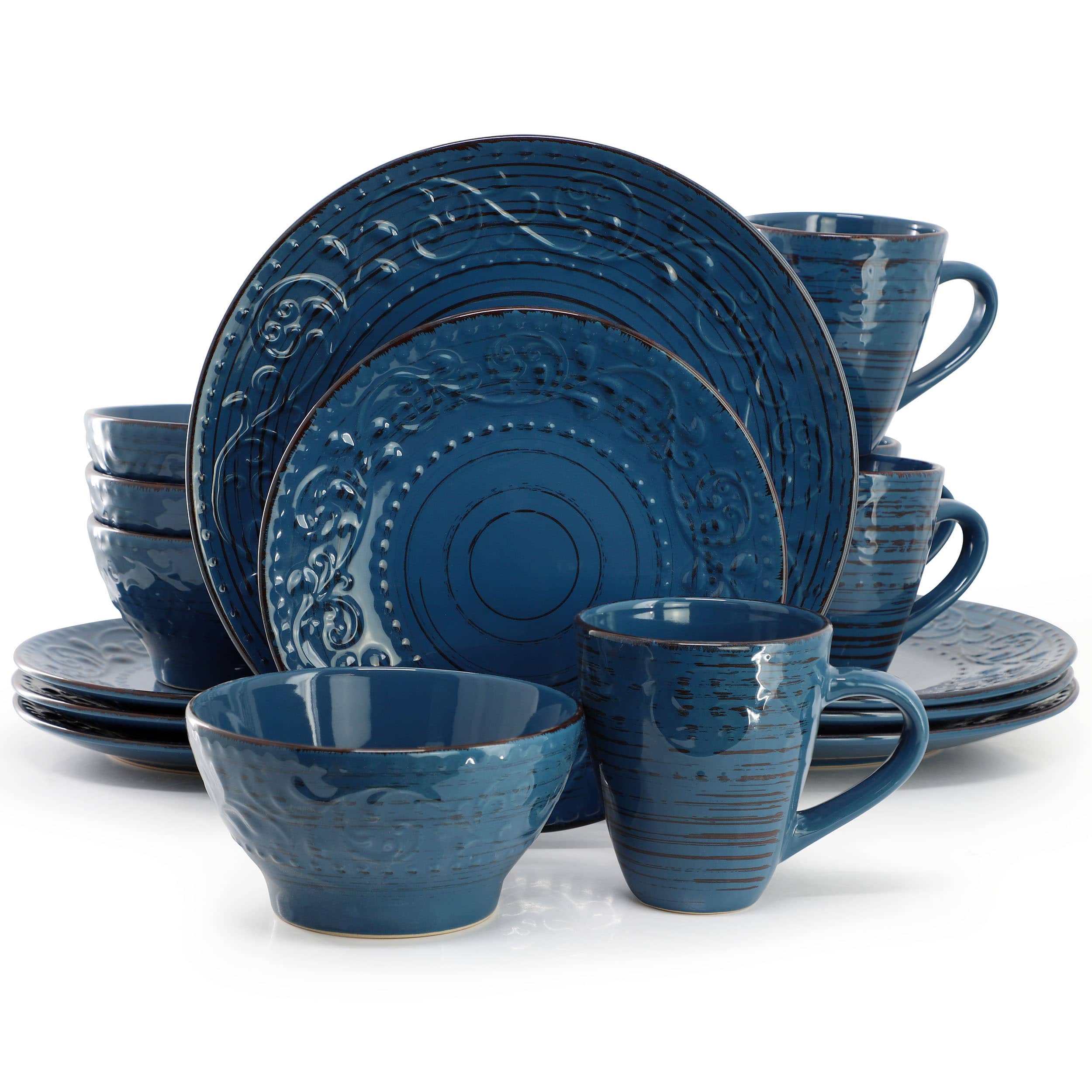 Elama - Malibu Deep Ocean 16-Piece Stoneware Dinnerware Set - Dark Blue - Thumbnail 3
