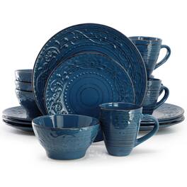 Elama - Malibu Deep Ocean 16-Piece Stoneware Dinnerware Set - Dark Blue