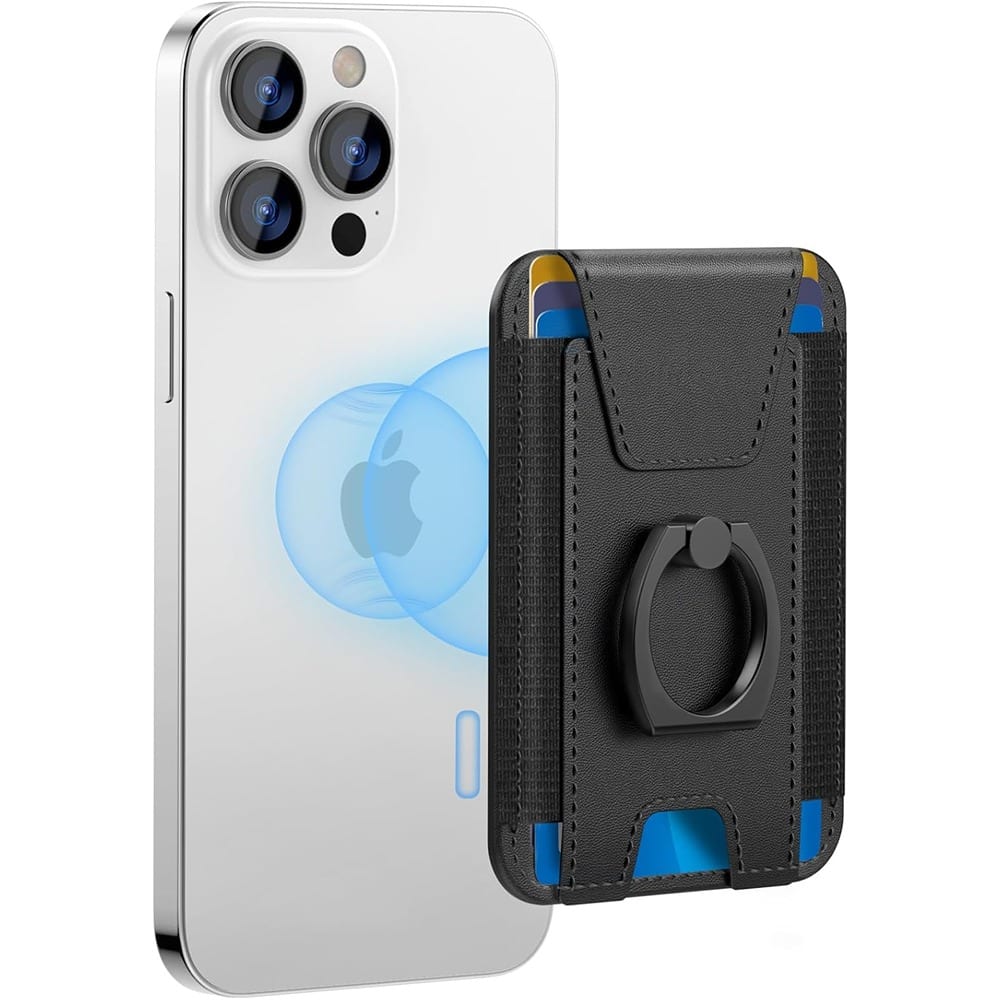 PARKER SLATER - MagSafe Leather Wallet with 6-Card Holder for iPhone 17–12 (Black) - Black+Phone Grip