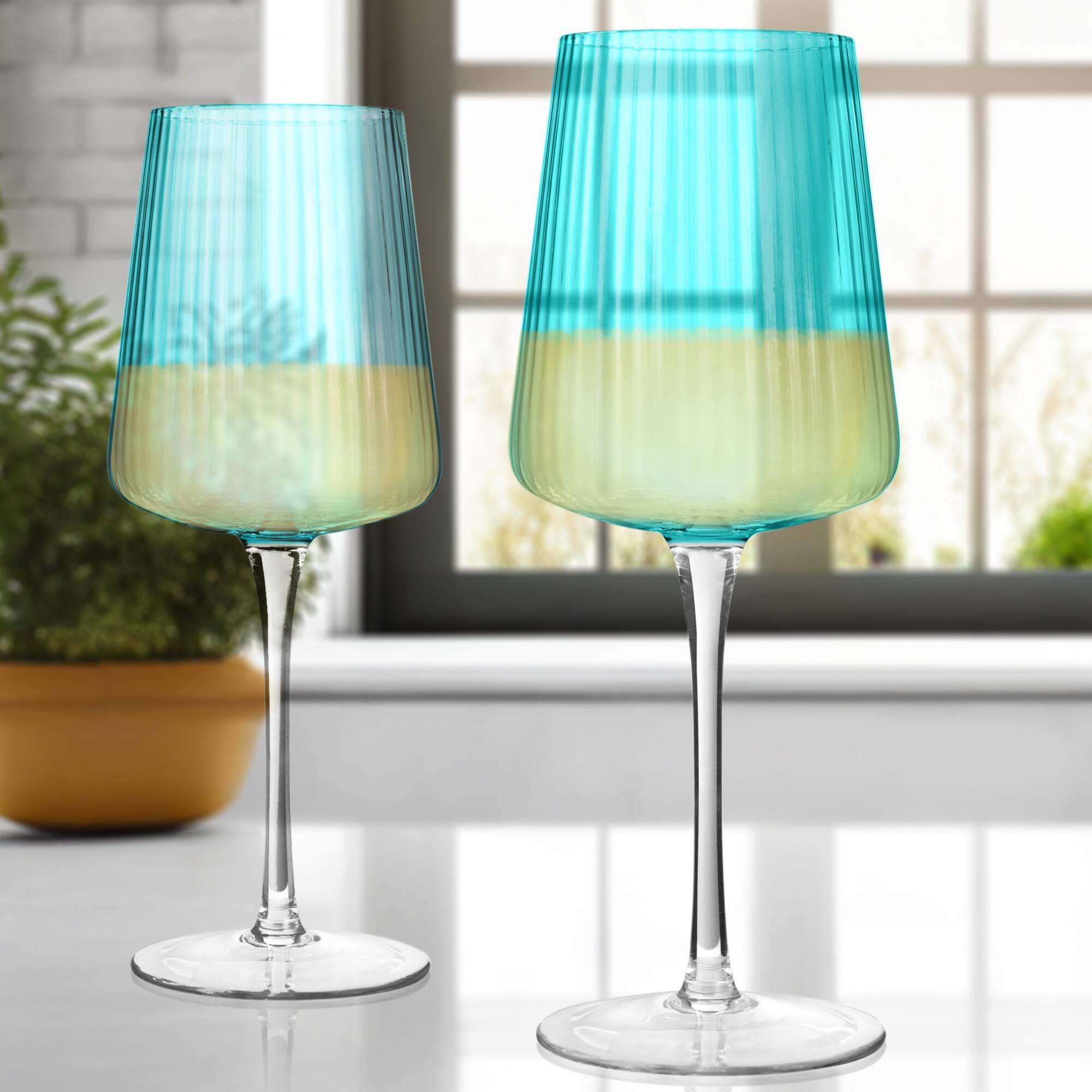 Left. Artland - Artland Soho Optic Champagne Flute & Goblet Set, Turquoise, 8-Piece - Turquoise.