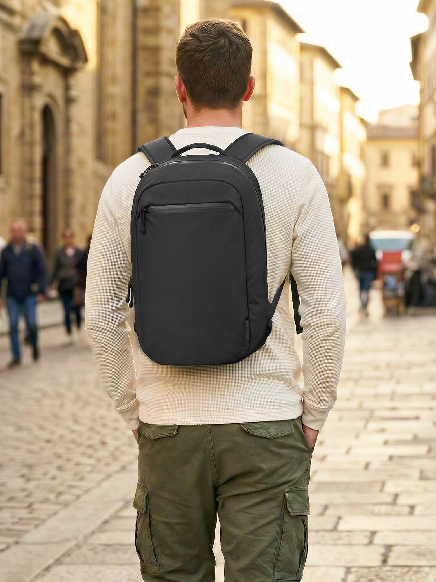 Back. ALPAKA - Essential Backpack 16L Bundle with Shoulder Pocket Slim, 16" Laptop Commuter Backpack with Quick Phone & Passport Access - Black Axoflux 210D.