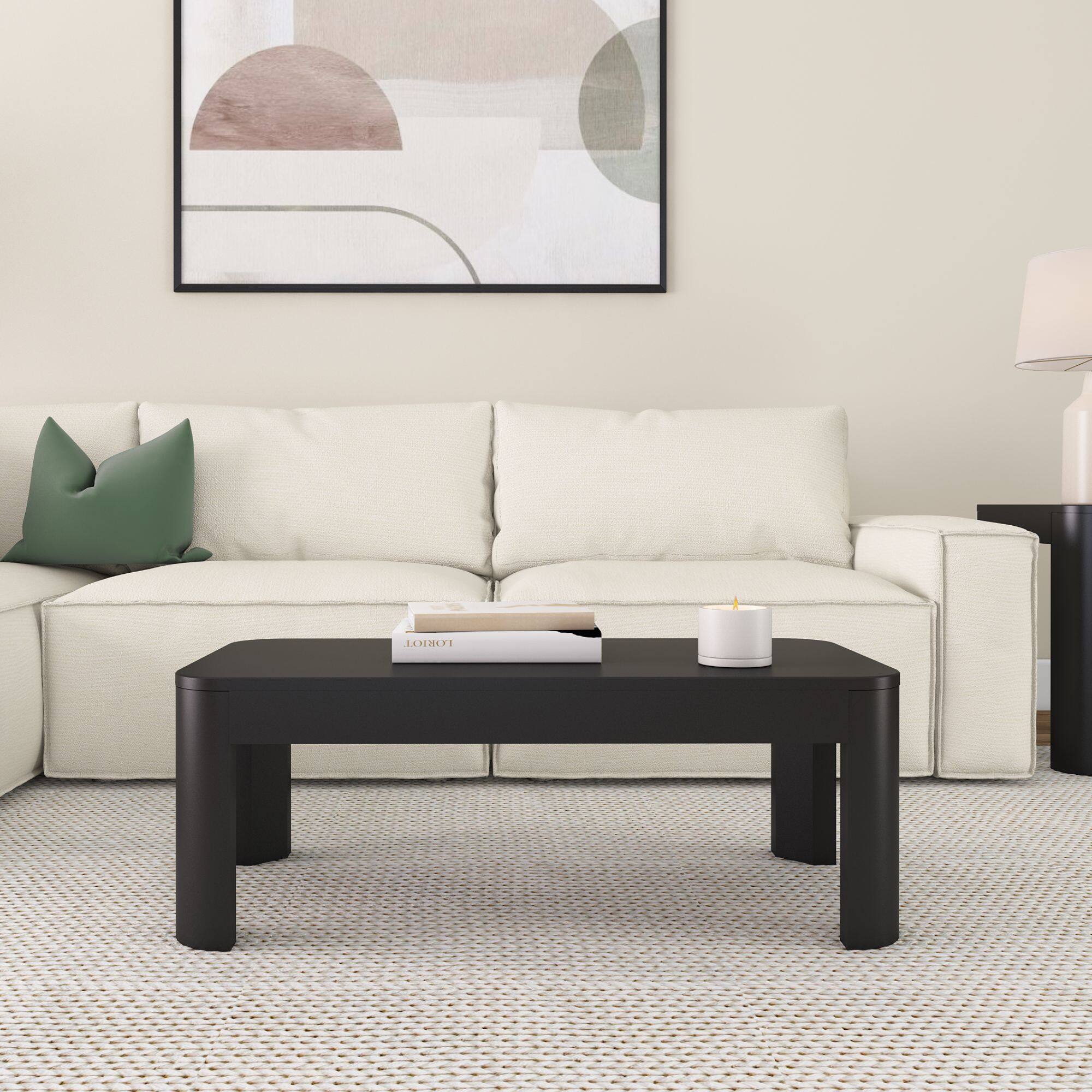 Alt View 1. Plank+Beam - Modern Rounded Rectangular Coffee Table (40in x 20in / 1020mm x 510mm), Black - Black.