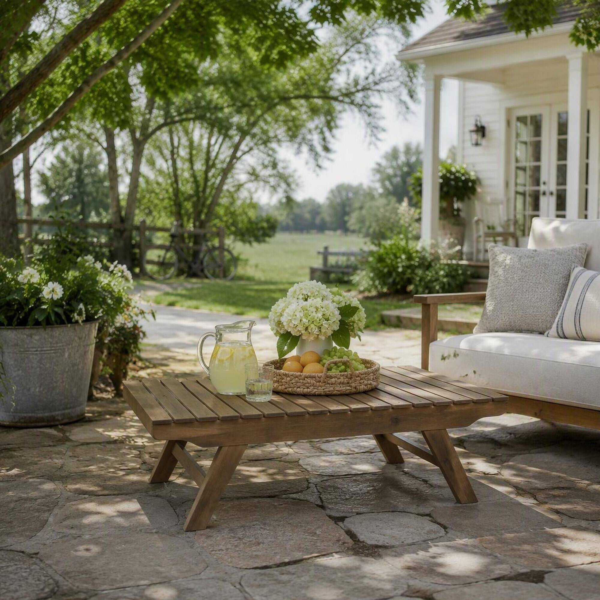 Angle. RYHNUYNE - Natural Brown Solid Wood Outdoor Coffee Table, Slatted Tabletop Patio Low Table for Garden Backyard Deck Porch - Grey.
