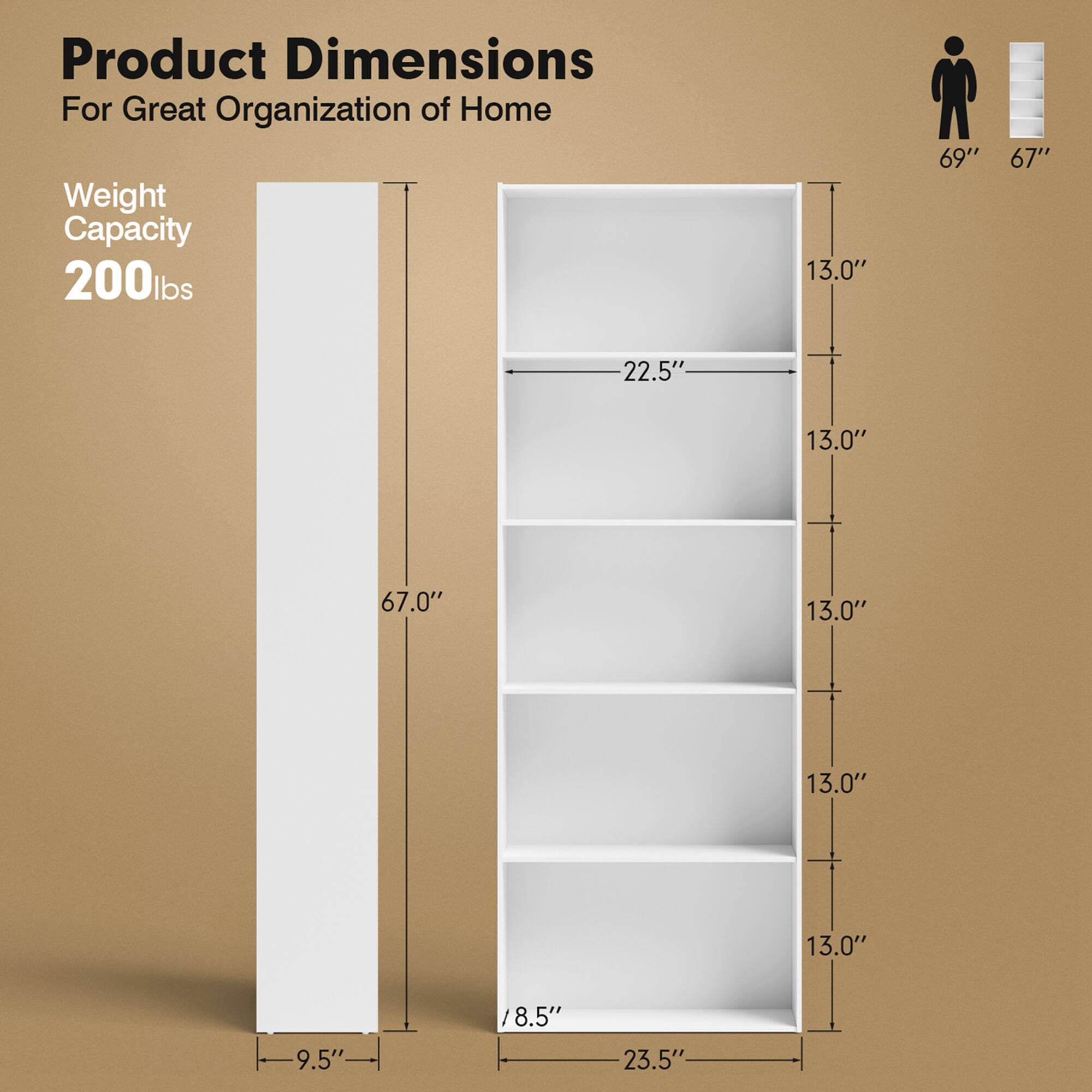 Product Dimensions For Great Organization of Home Weight Capacity 200lbs 13.0" 69" 67" 22.5" 13.0" 67.0" 13.0" 13.0" 13.0" 9.5" / 8.5" 23.5"