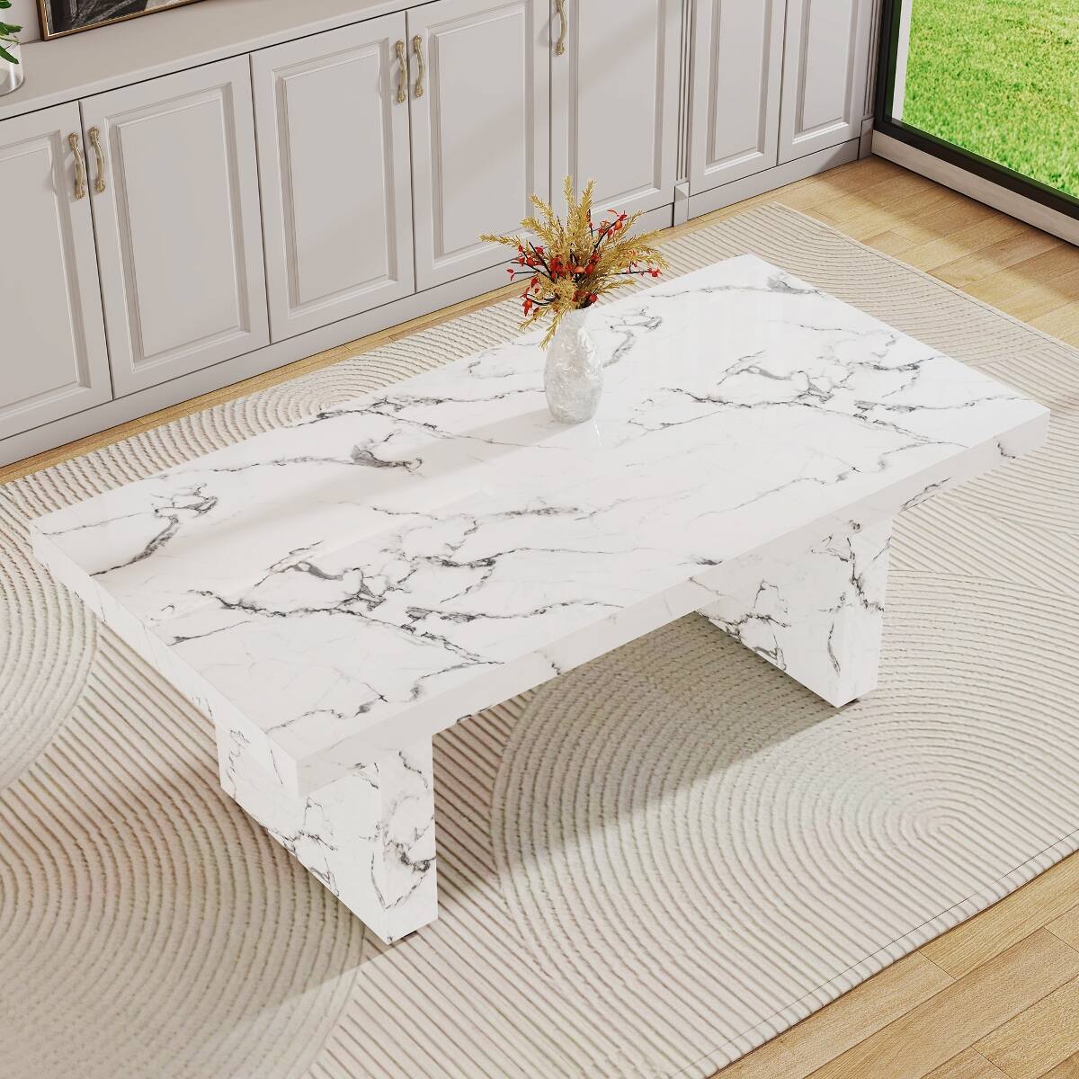 Angle. Loheer - Loheer White Marble Pattern MDF Dining Table for 8 to 10 People - White.