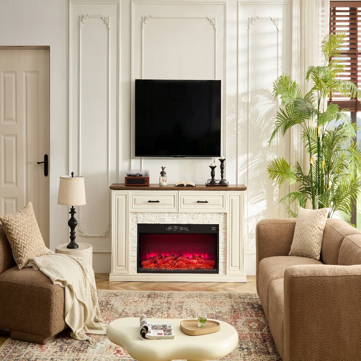 Back. Loheer - Loheer 70 Inch Fireplace TV Stand for 80 Inch TV, White Farmhouse Entertainment Center with 42 Inch Electric Heater - White.