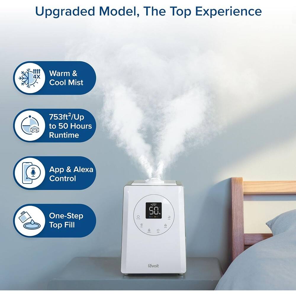 Upgraded Model, The Top Experience

- Warm & Cool Mist
- 753ft²/Up to 50 Hours Runtime
- App & Alexa Control
- One-Step Top Fill