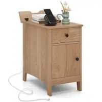 Costway 1 PCS End Table with Charging Station Flip Top Bedside Table with USB Ports & Outlets - Natural - Front_Zoom