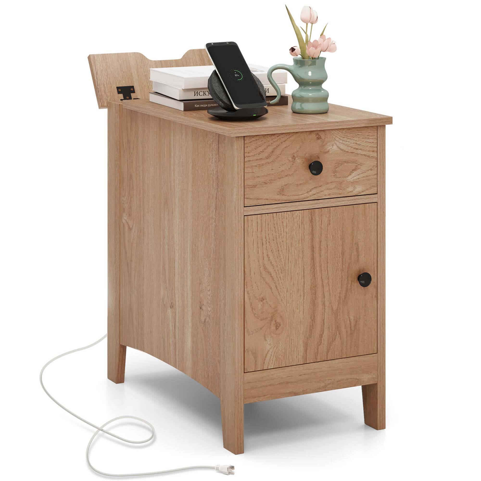 Front. Costway - 1 PCS End Table with Charging Station Flip Top Bedside Table with USB Ports & Outlets - Natural.