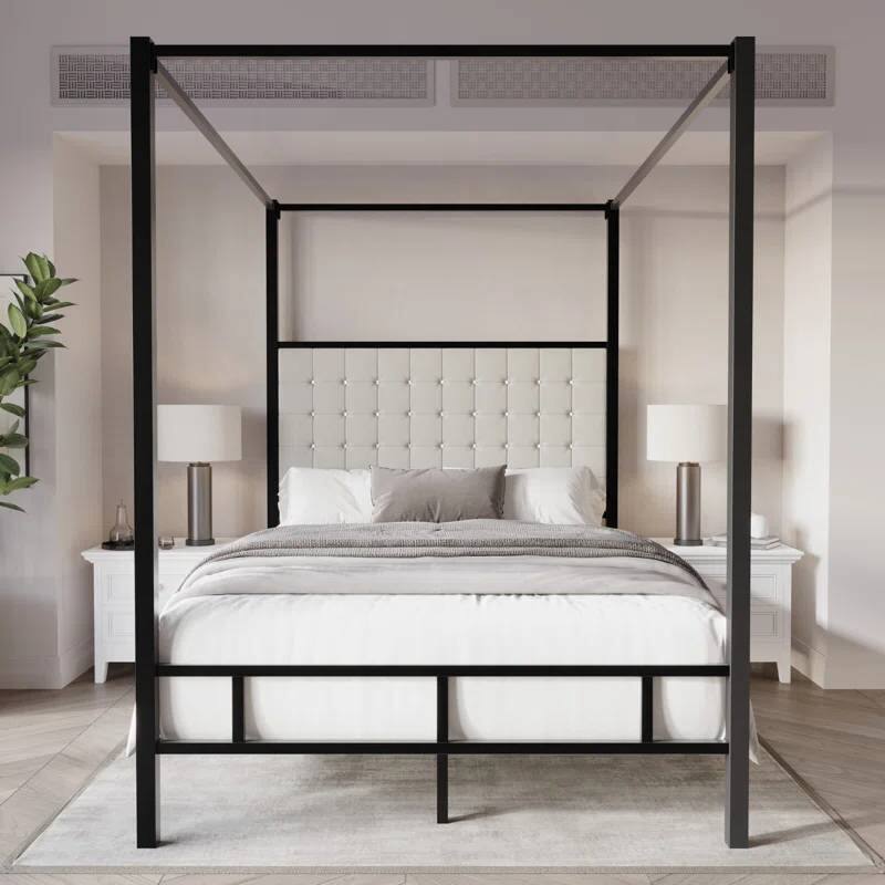Angle. Hivvago - King size Black Metal Canopy Bed with Upholstered Button-Tufted Headboard - Black, White.