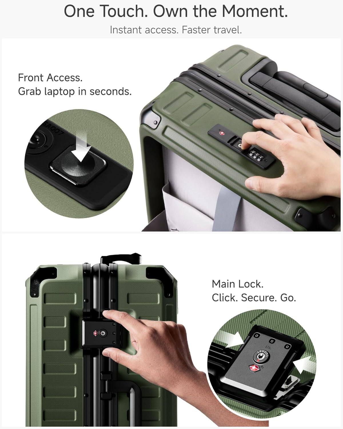 One Touch. Own the Moment.  
Instant access. Faster travel.  

Front Access.  
Grab laptop in seconds.  

Main Lock.  
Click. Secure. Go.