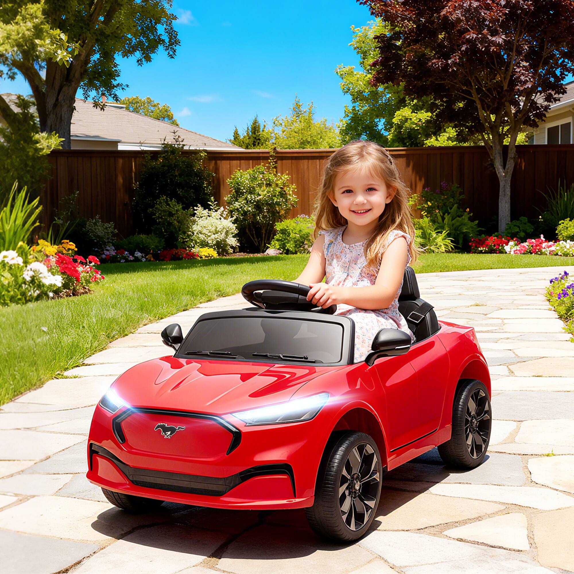 Angle. Qaba - 12V Kids Ride On Car, Licensed Ford Mustang Mach-E Electric Car w/Remote, 4 Speeds, LED Light, Music, Bluetooth.