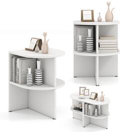 Gymax - 2PCS Half Round Side Table 2-tier Wooden Nightstand w/Open Storage Shelves - White