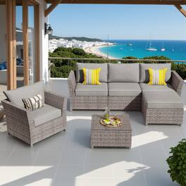 Ovios - 6 PCS Sectional Patio Furniture with Single Armchair, Coffee Table & Ottoman No Assembly Required - Drak Gray