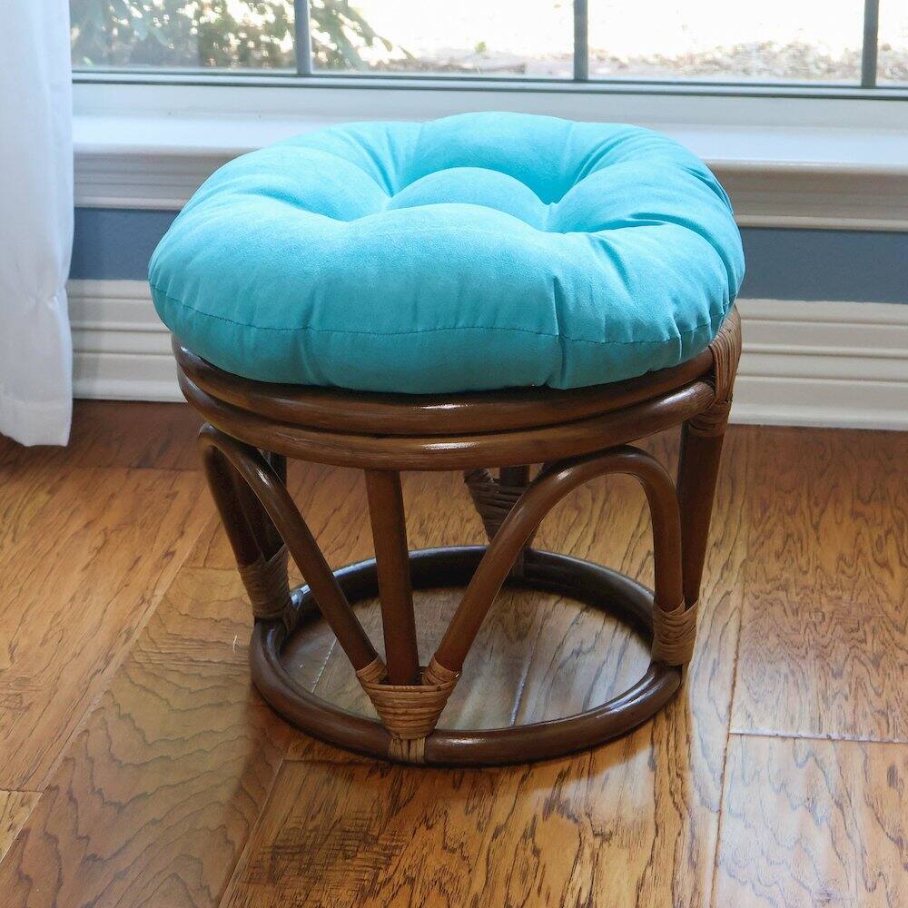 Angle. International Caravan - International Caravan Rattan Ottoman with Micro Suede Cushion - Aqua Blue.