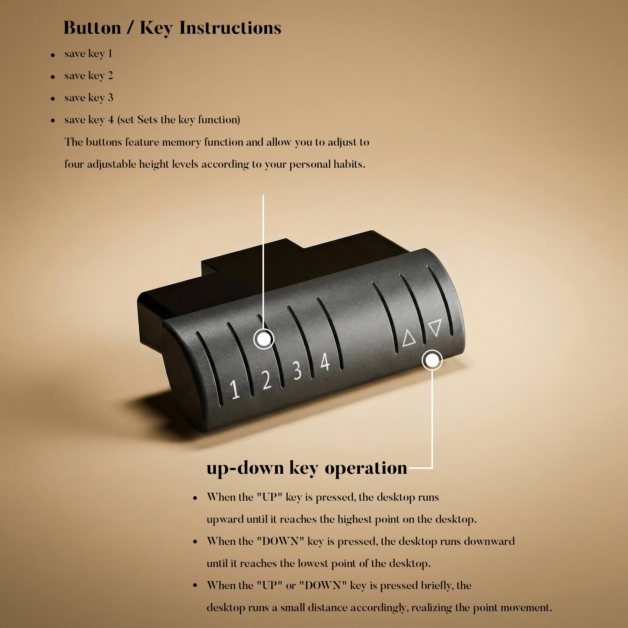 Button / Key Instructions

- save key 1
- save key 2
- save key 3
- save key 4 (set Sets the key function)

The buttons feature memory function and allow you to adjust to four adjustable height levels according to your personal habits.

up-down key operation

- When the "UP" key is pressed, the desktop runs upward until it reaches the highest point on the desktop.
- When the "DOWN" key is pressed, the desktop runs downward until it reaches the lowest point of the desktop.
- When the "UP" or "DOWN" key is pressed briefly, the desktop runs a small distance accordingly, realizing the point movement.