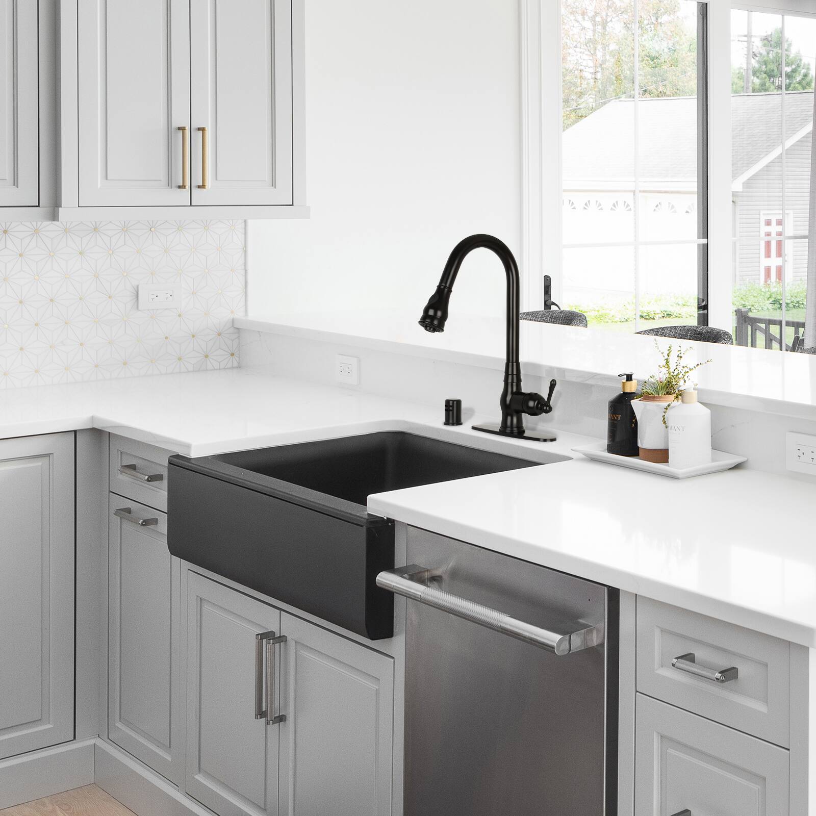 Alt View 4. Akicon - Akicon Solid Brass One-Handle Kitchen Faucet with Pull Down Sprayer in Matte Black - Matte Black.