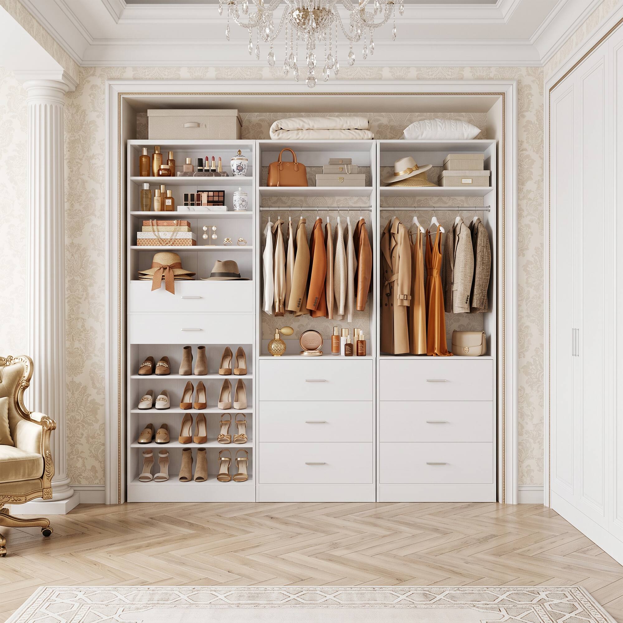Front. Aheaplus - Customizable Storage Bundle: 10-Tier Shoe Cabinet with 2 Drawers + 2×2FT Freestanding Closet Systems with 3 Drawers - White.