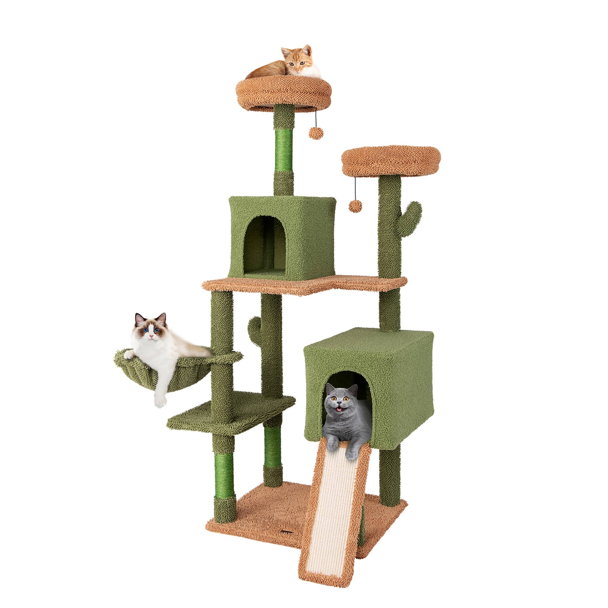 Gymax - 63'' Cactus Cat Tree for Indoor Cats w/Sisal Scratching Posts & Ladder Basket Bed